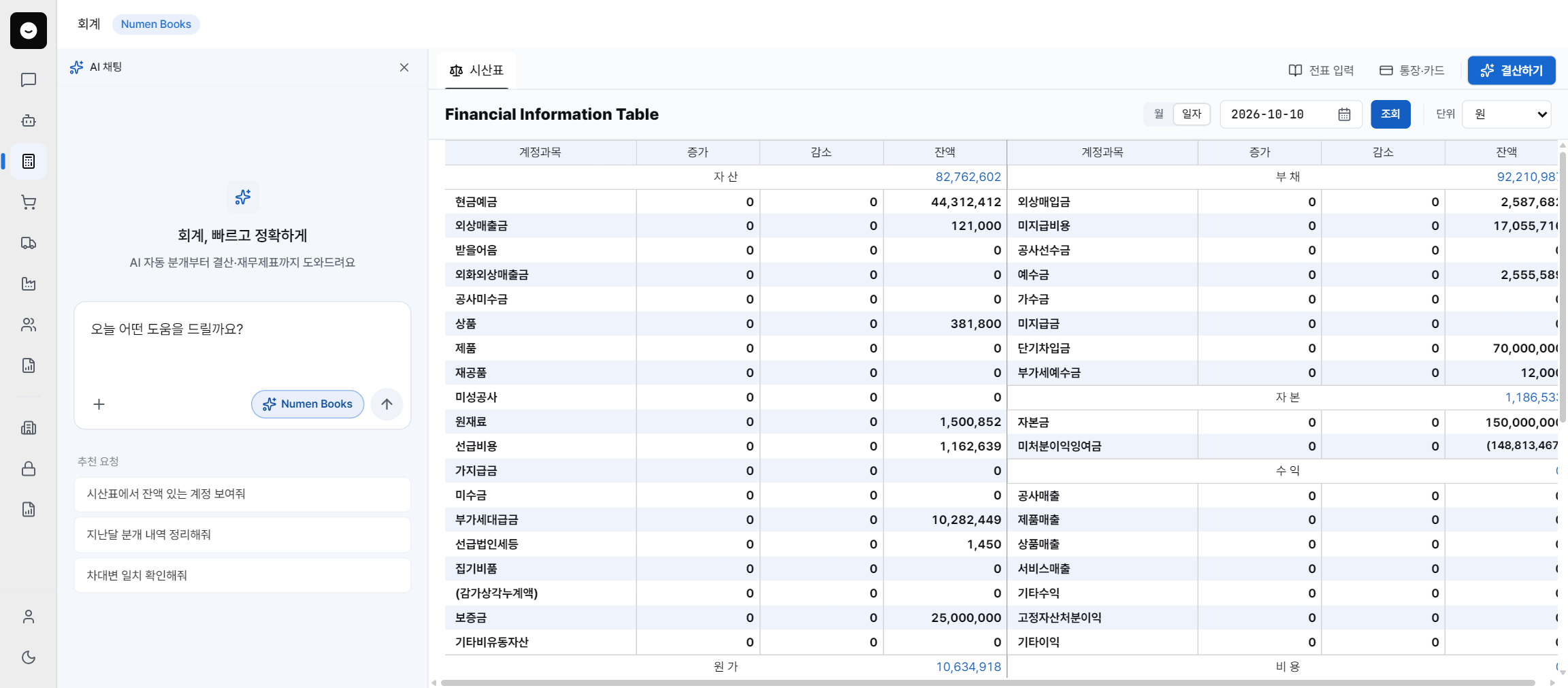 Numen Books 회계 화면: 왼쪽 AI 채팅, 오른쪽 실시간 시산표
