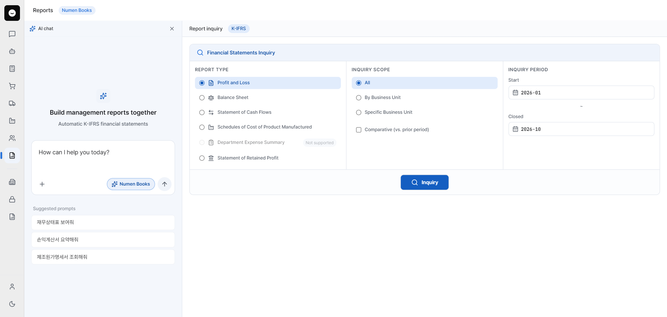 Numen Books Reports view: report type, scope, and period selection